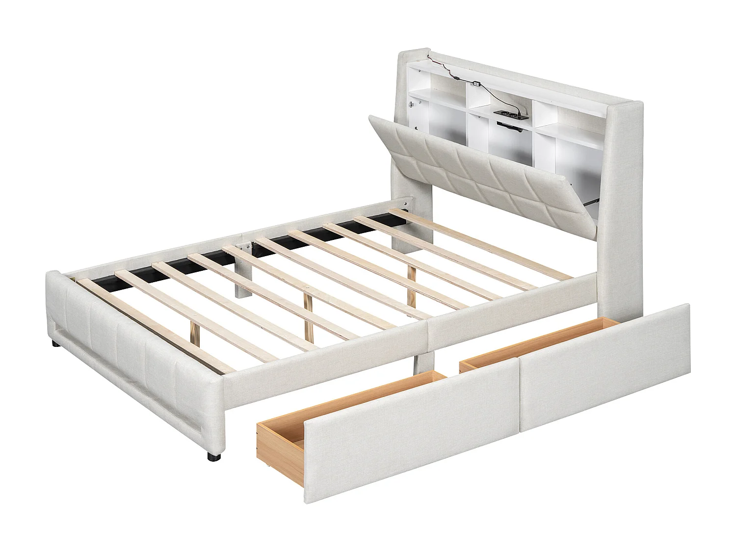 Lit double 140x200cm tissu en lin - avec 2 tiroirs + LED + prise USB - Beige