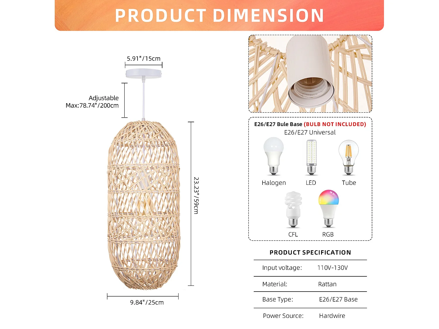 Arturesthome lampe pendante en bambou abat-jour lampe pendante de plafond e27 pour chambre à coucher salon cuisine d25 cm x h60 cm