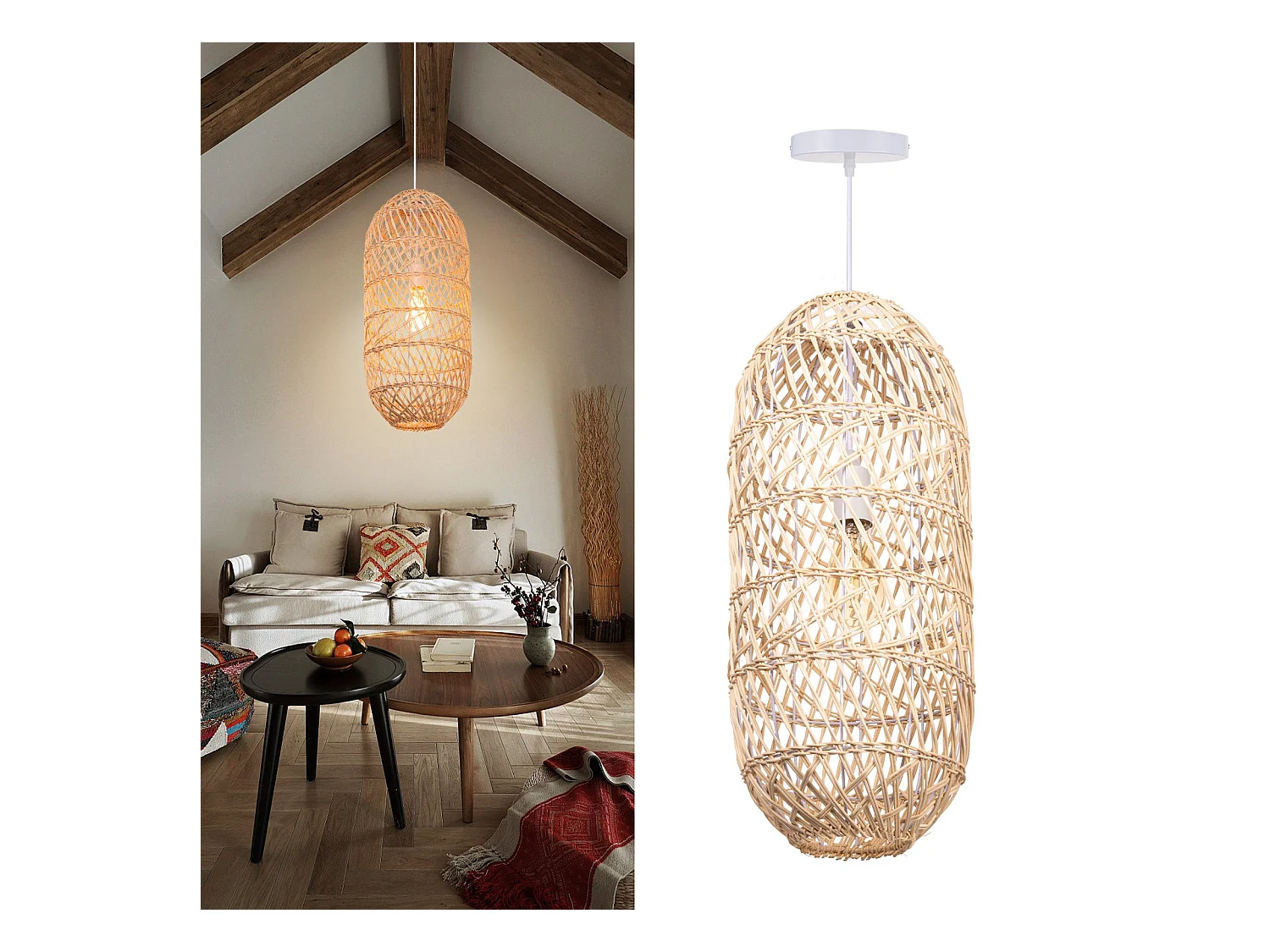 Arturesthome lampe pendante en bambou abat-jour lampe pendante de plafond e27 pour chambre à coucher salon cuisine d25 cm x h60 cm