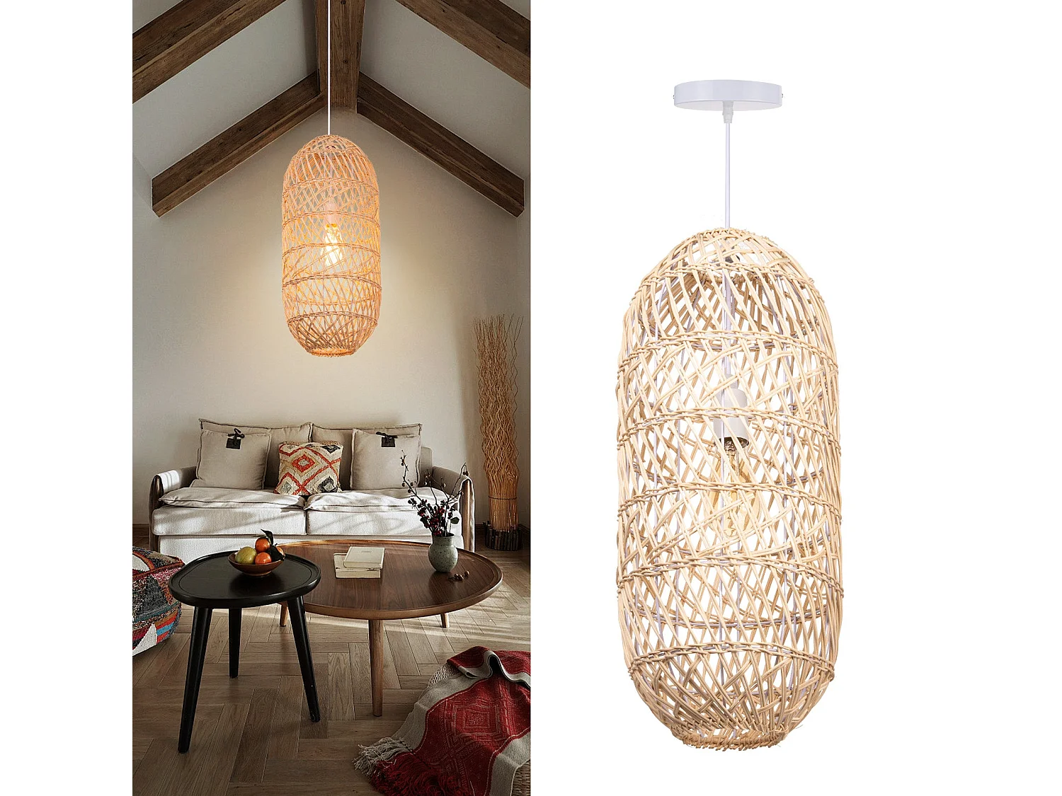 Arturesthome lampe pendante en bambou abat-jour lampe pendante de plafond e27 pour chambre à coucher salon cuisine d25 cm x h60 cm