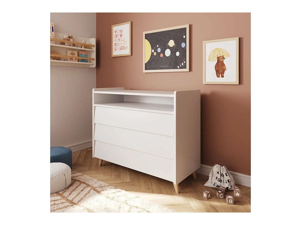 Commode 3 tiroirs  bois massif blanc et bois PETER