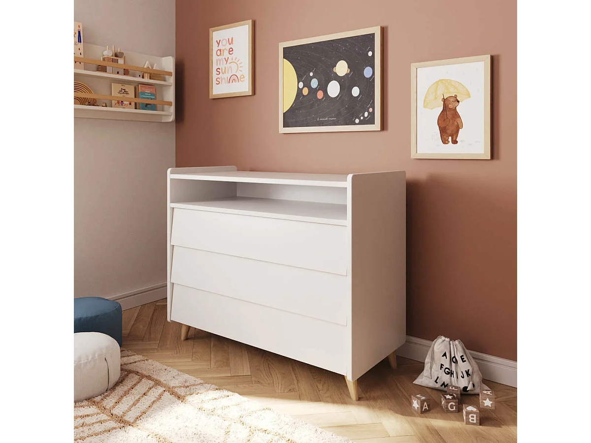 Commode 3 tiroirs  bois massif blanc et bois PETER