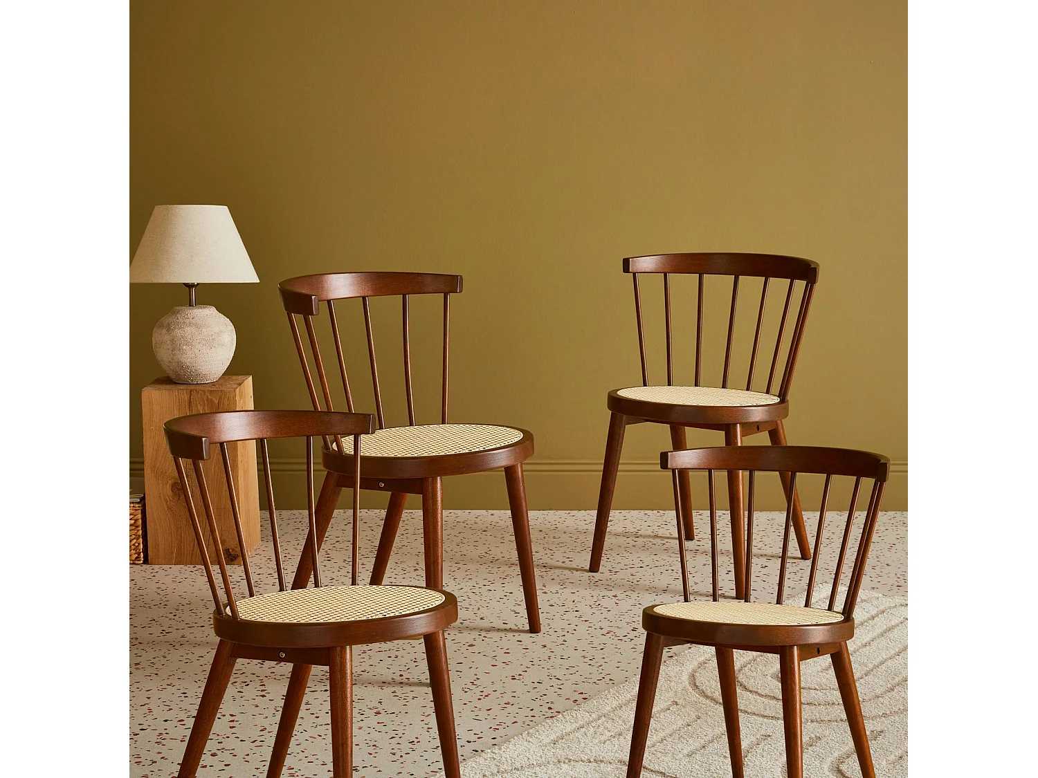 Set di 4 sedie in legno e paglia, marrone scuro naturale