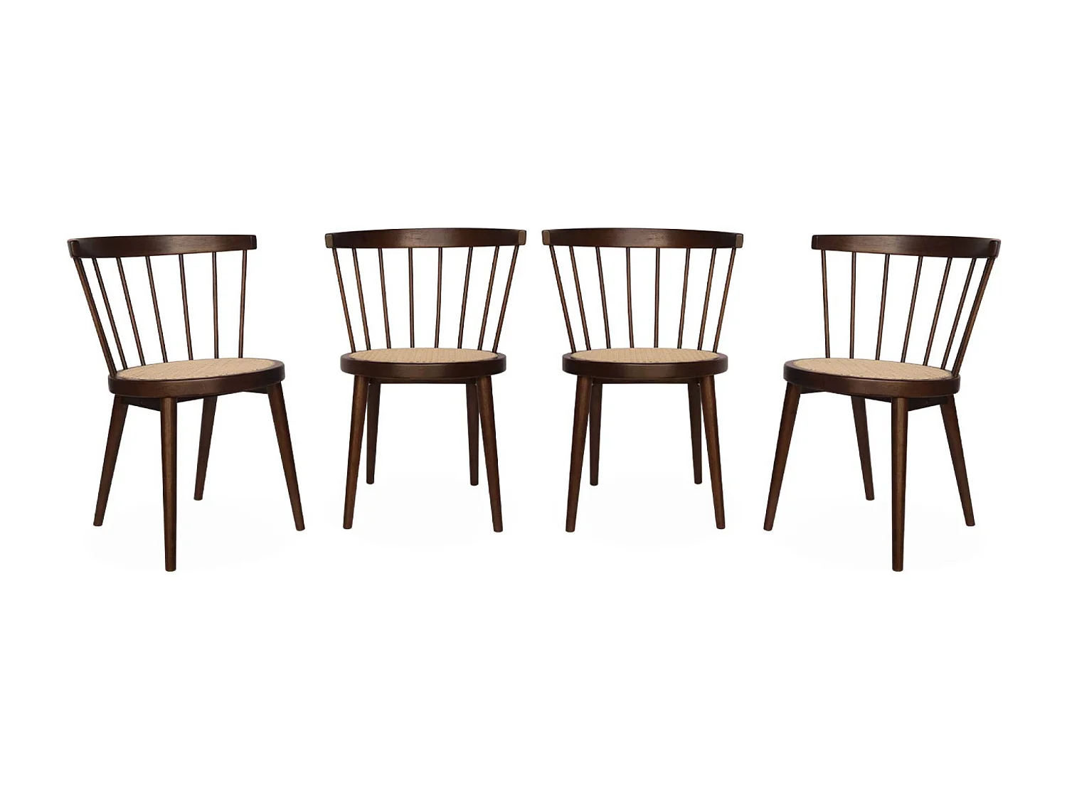 Lot de 4 chaises bois foncé en bois et cannage. Nora. L 53 x P 53.5 x H 76cm