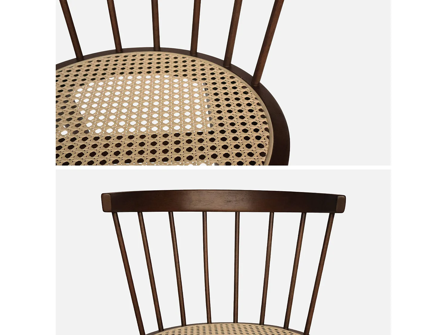 Lot de 4 chaises bois foncé en bois et cannage. Nora. L 53 x P 53.5 x H 76cm