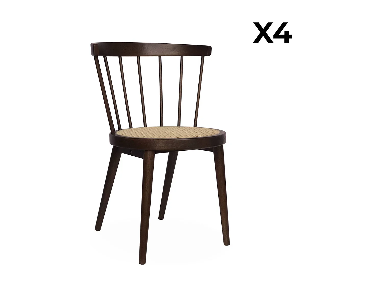 Lot de 4 chaises bois foncé en bois et cannage. Nora. L 53 x P 53.5 x H 76cm