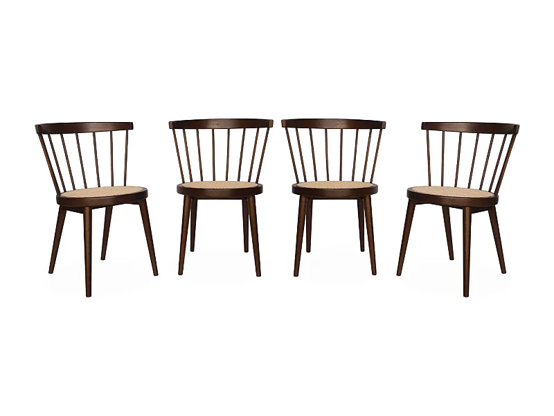 Set di 4 sedie in legno e paglia, marrone scuro