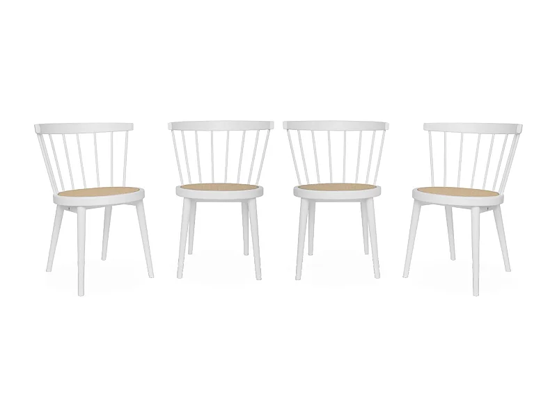 Set di 4 sedie in legno e paglia, bianco