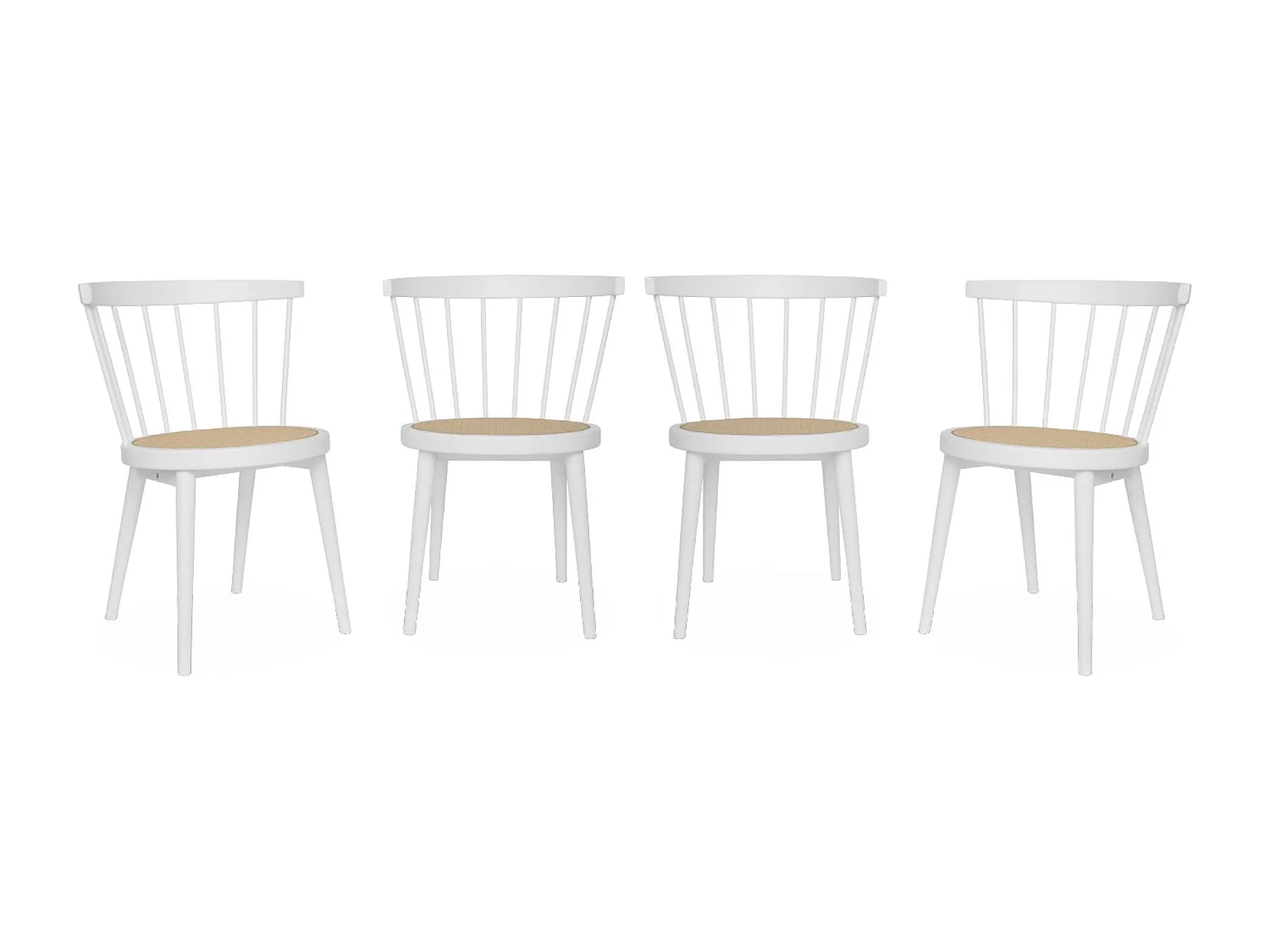 Lot de 4 chaises blanches en bois et cannage. Nora. L 53 x P 53.5 x H 76cm