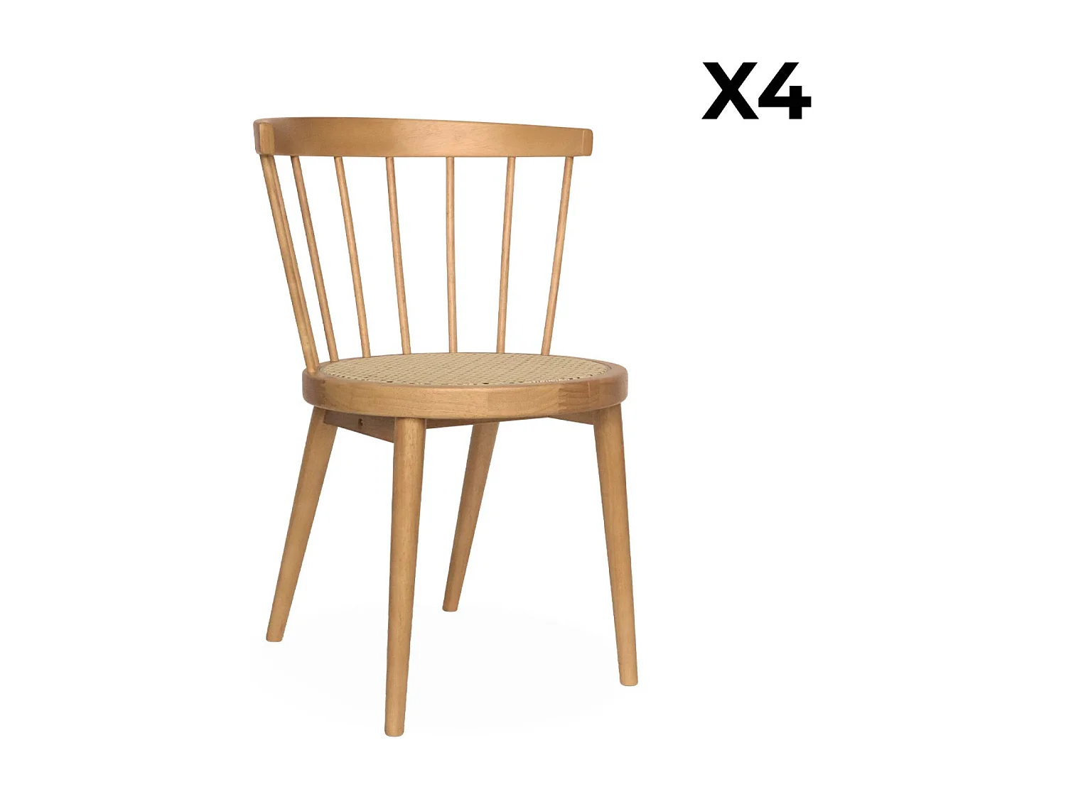 Lot de 4 chaises naturelles en bois et cannage. Nora. L 53 x P 53.5 x H 76cm