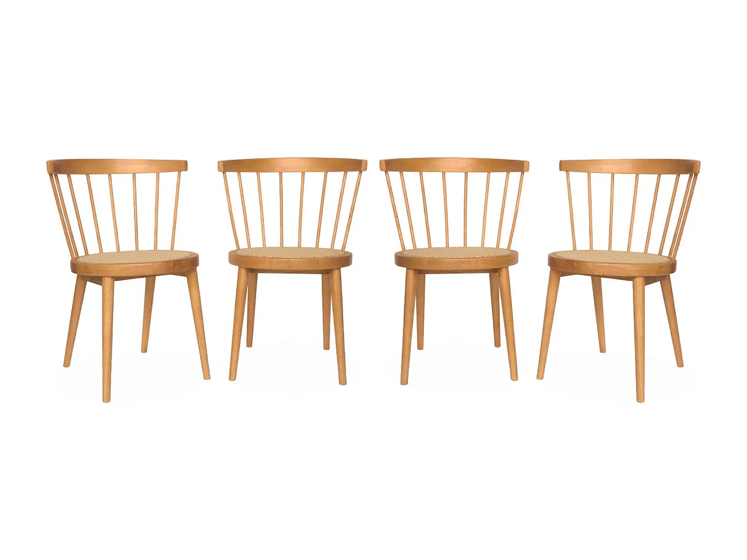 Lot de 4 chaises naturelles en bois et cannage. Nora. L 53 x P 53.5 x H 76cm