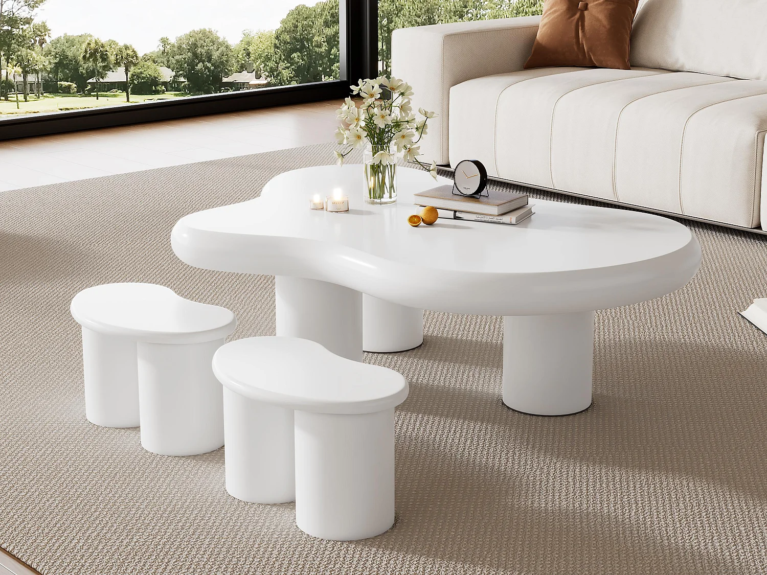 MDF Salontafelset - met 2 kleine krukjes - Wit