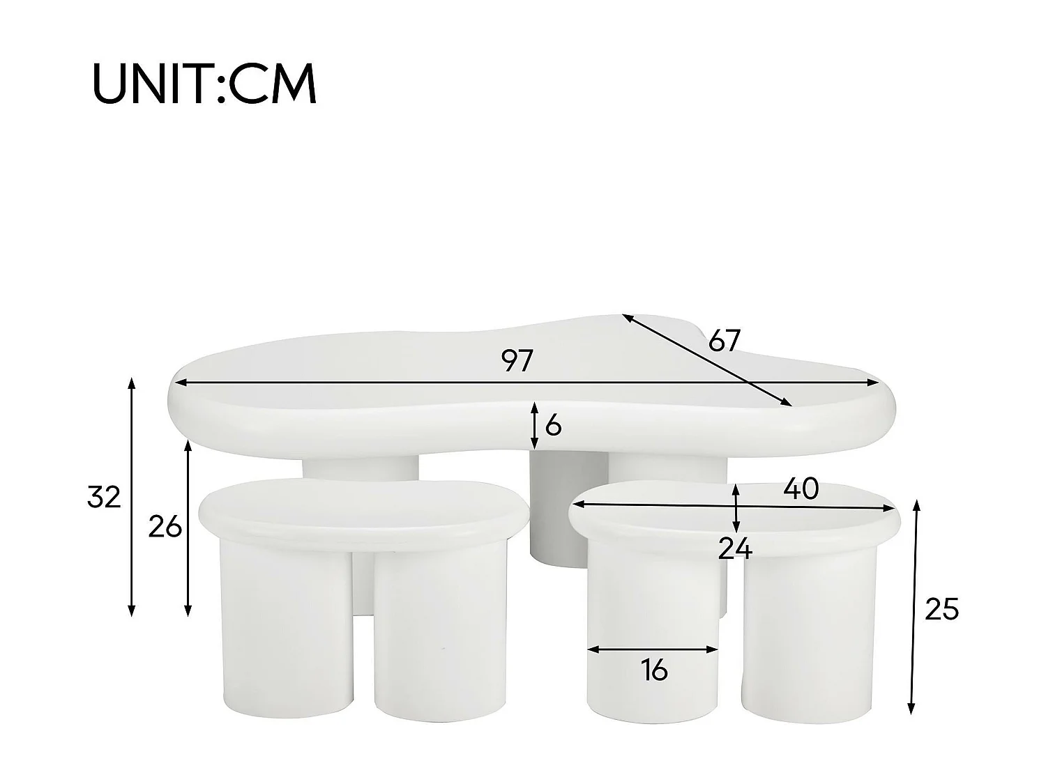 MDF Salontafelset - met 2 kleine krukjes - Wit