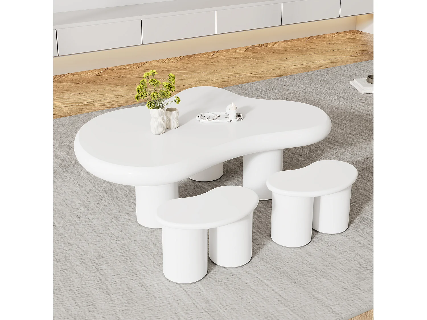 MDF Salontafelset - met 2 kleine krukjes - Wit