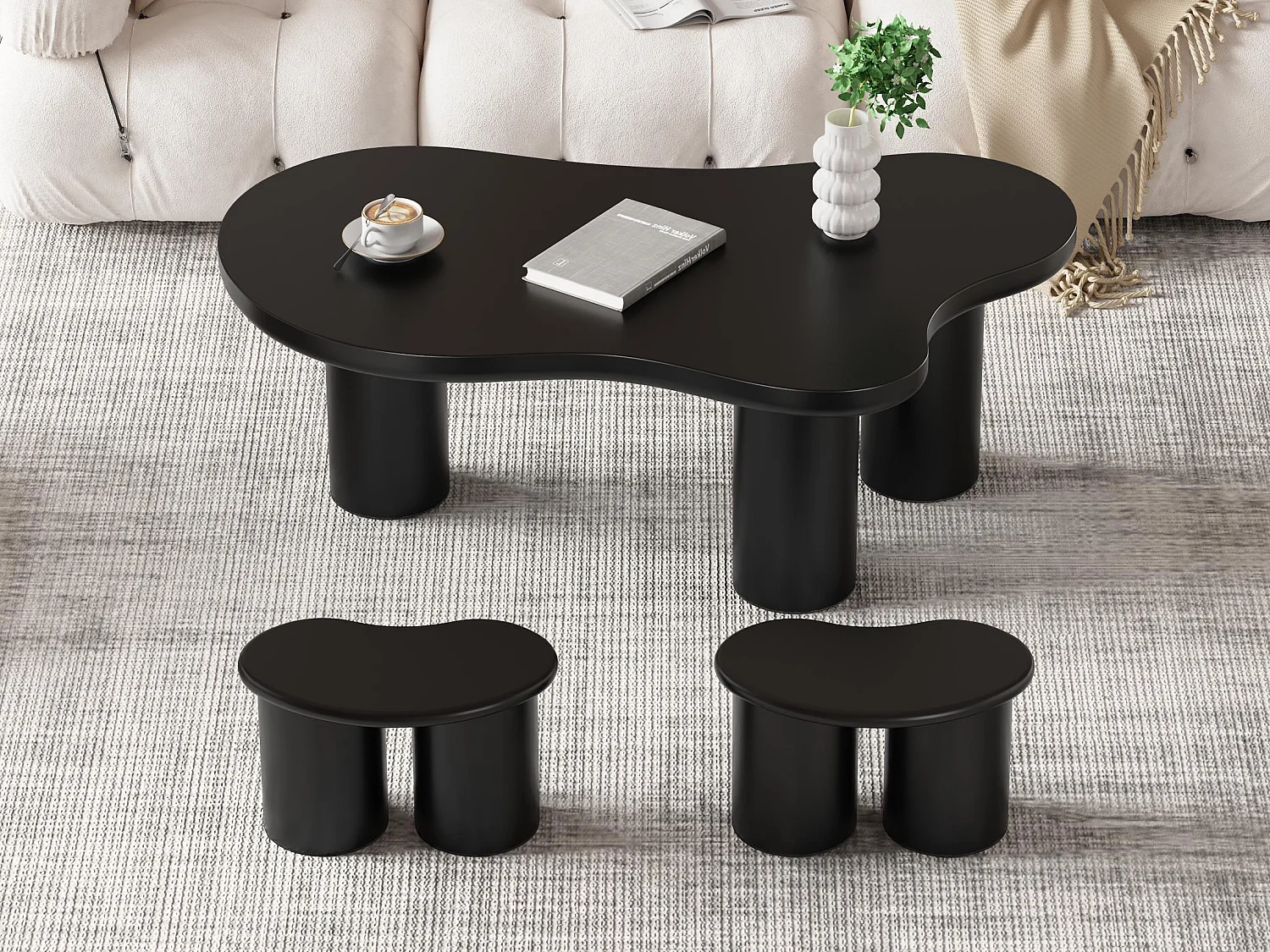 Conjunto de mesas de centro em MDF e PVC - com 2 banquetas - Preto