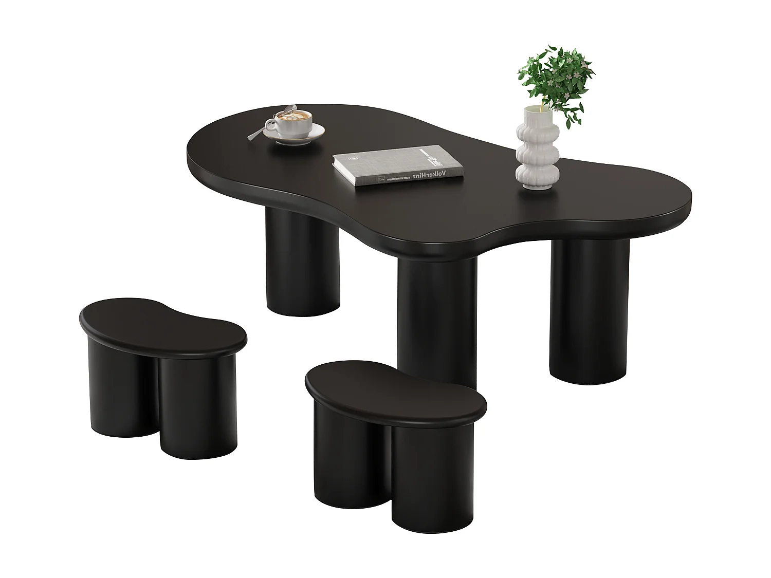 Conjunto de mesas de centro em MDF e PVC - com 2 banquetas - Preto