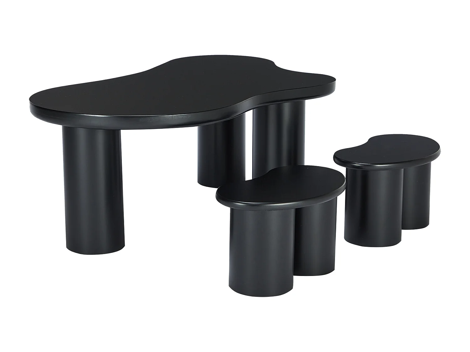 Conjunto de mesas de centro em MDF e PVC - com 2 banquetas - Preto
