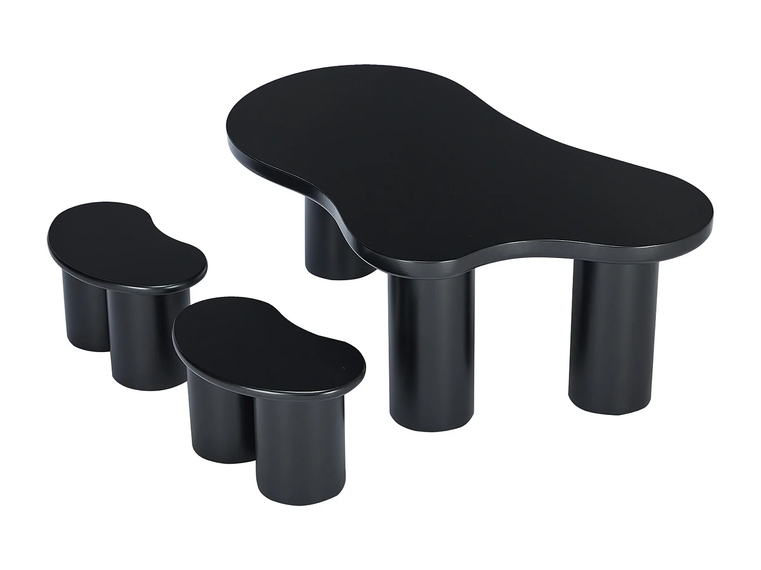 Conjunto de mesas de centro em MDF e PVC - com 2 banquetas - Preto