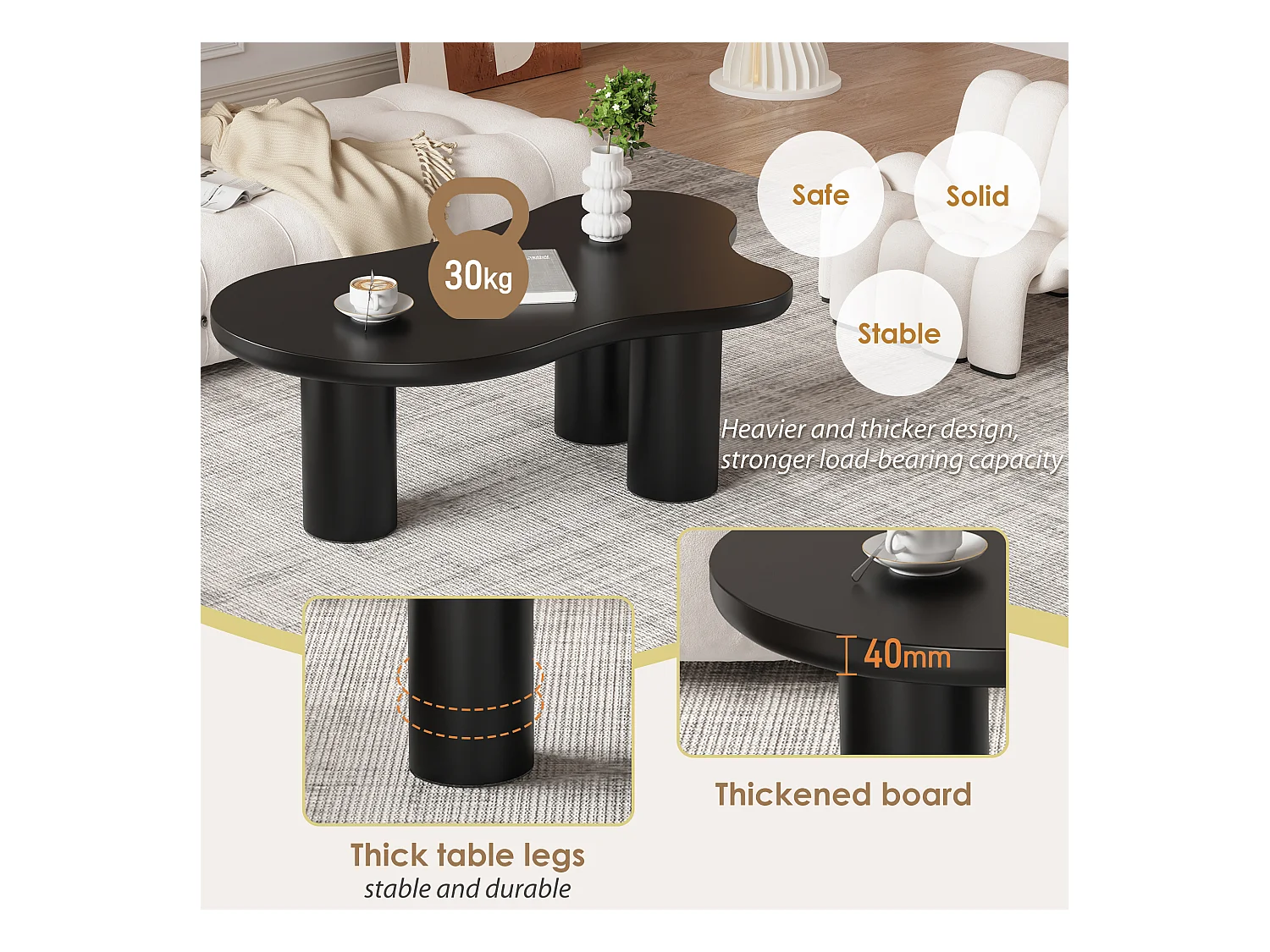 Couchtisch aus MDF und PVC – unregelmäßige wolkenförmige Platte – Schwarz