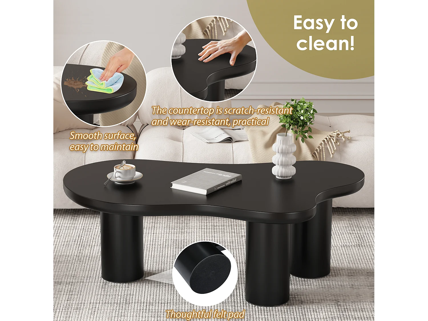 Couchtisch aus MDF und PVC – unregelmäßige wolkenförmige Platte – Schwarz