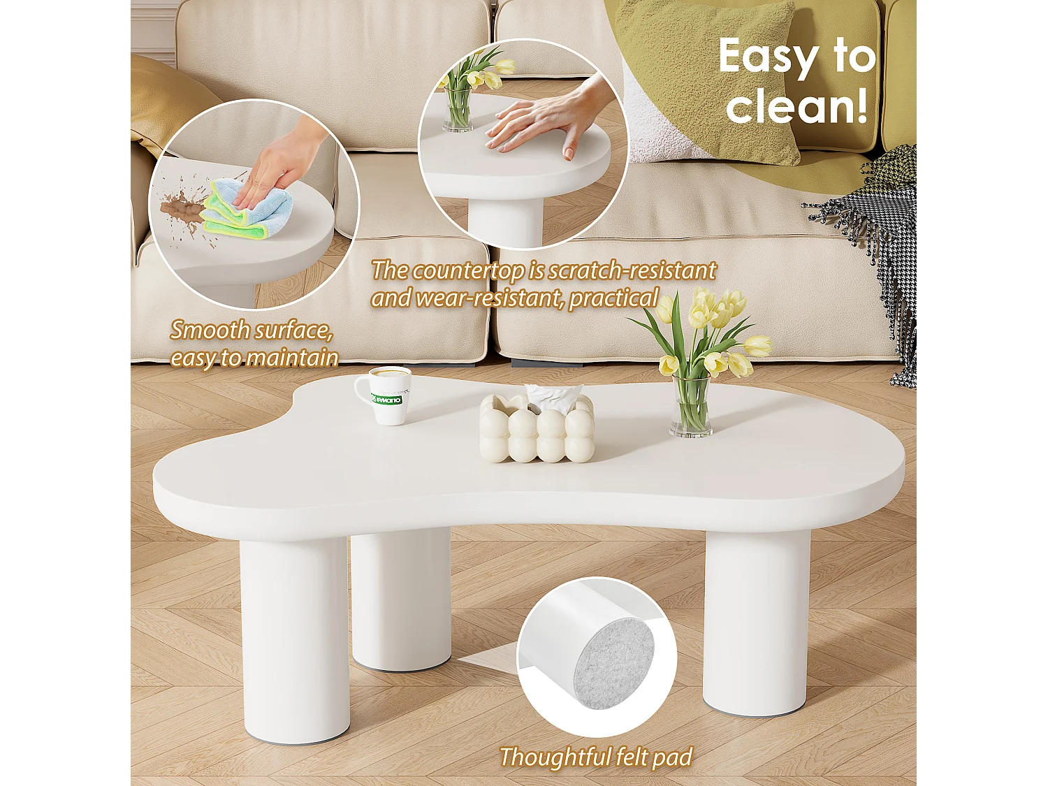 Table basse en MDF et PVC - plateau en forme nuage irrégulière - Blanc