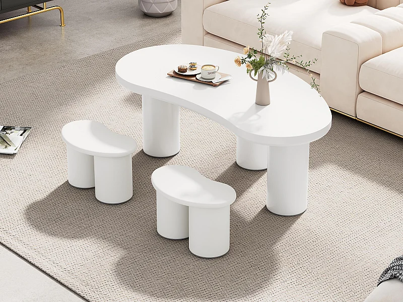 Ensemble Table basse en MDF et PVC - avec 2 petits tabourets - Blanc
