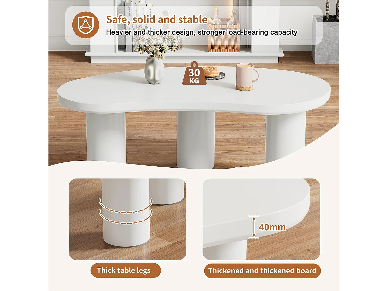 Couchtisch-Set aus MDF und PVC – mit 2 kleinen Hockern – Weiß