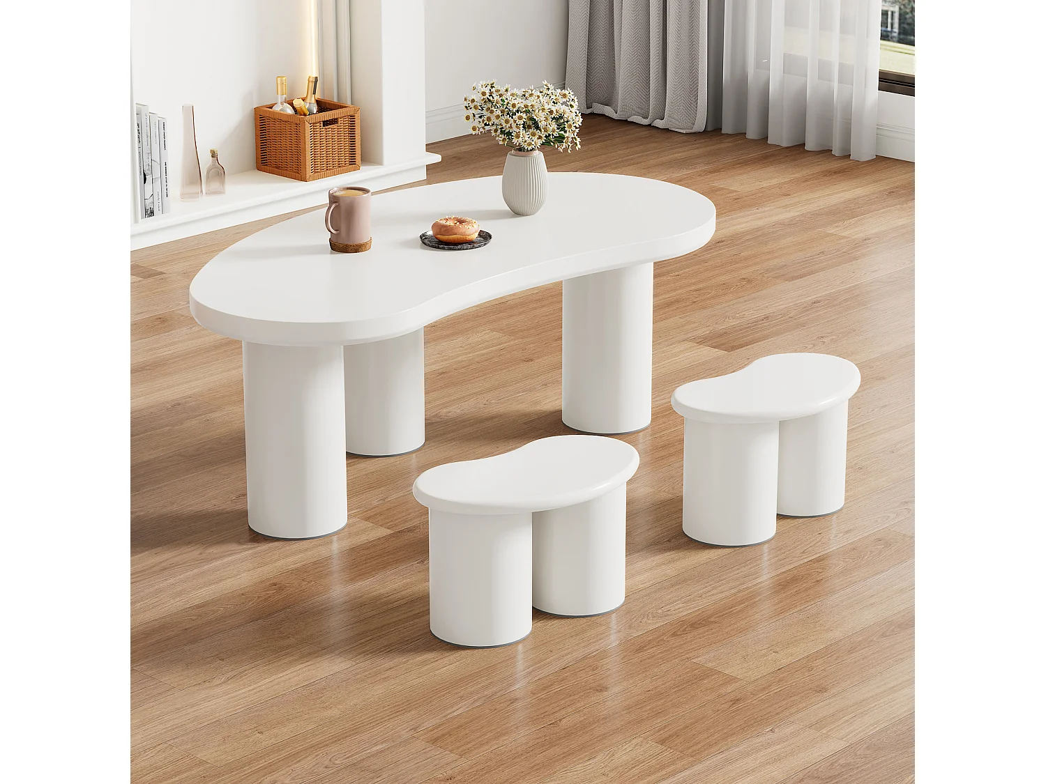 Couchtisch-Set aus MDF und PVC – mit 2 kleinen Hockern – Weiß