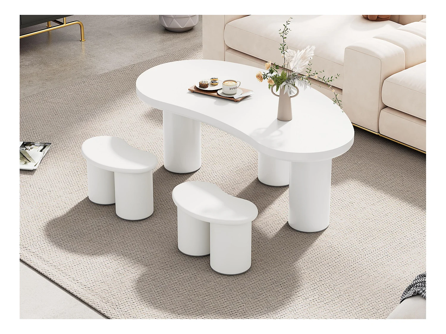 Ensemble Table basse en MDF et PVC - avec 2 petits tabourets - Blanc