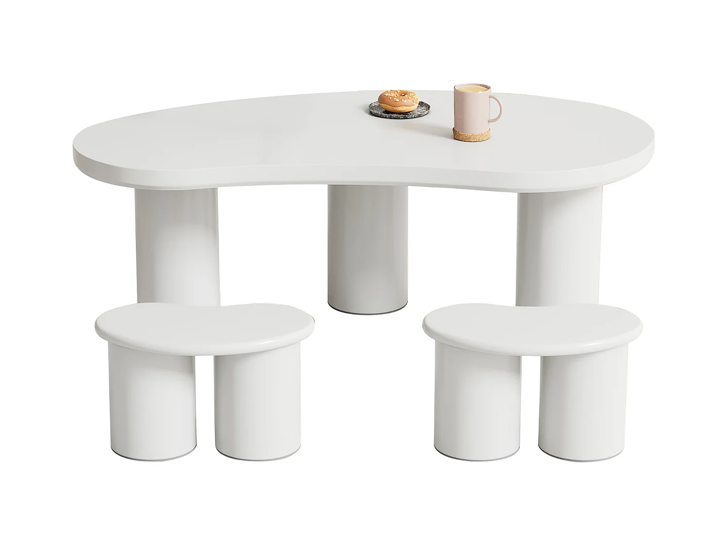 Ensemble Table basse en MDF et PVC - avec 2 petits tabourets - Blanc