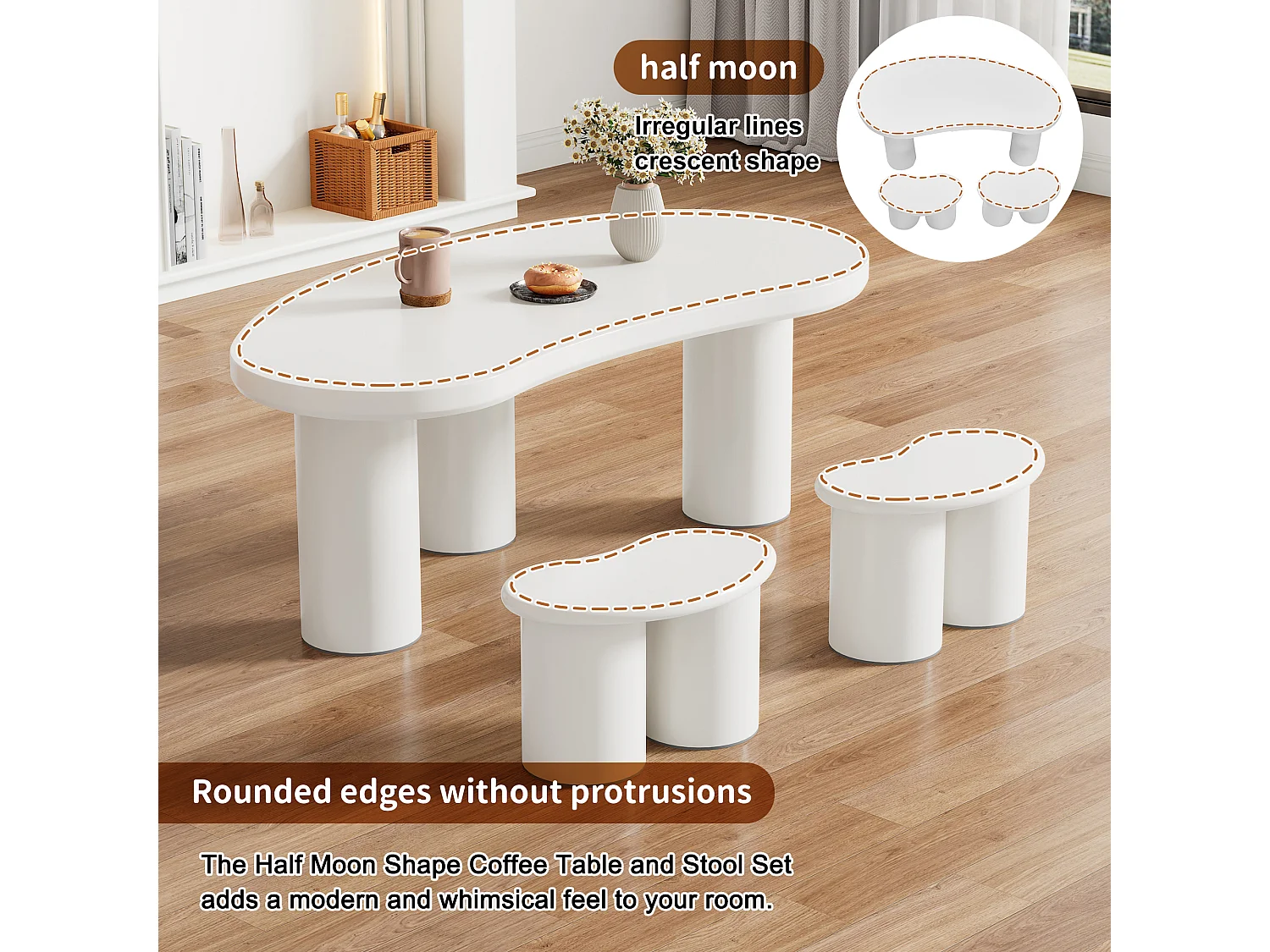 Ensemble Table basse en MDF et PVC - avec 2 petits tabourets - Blanc