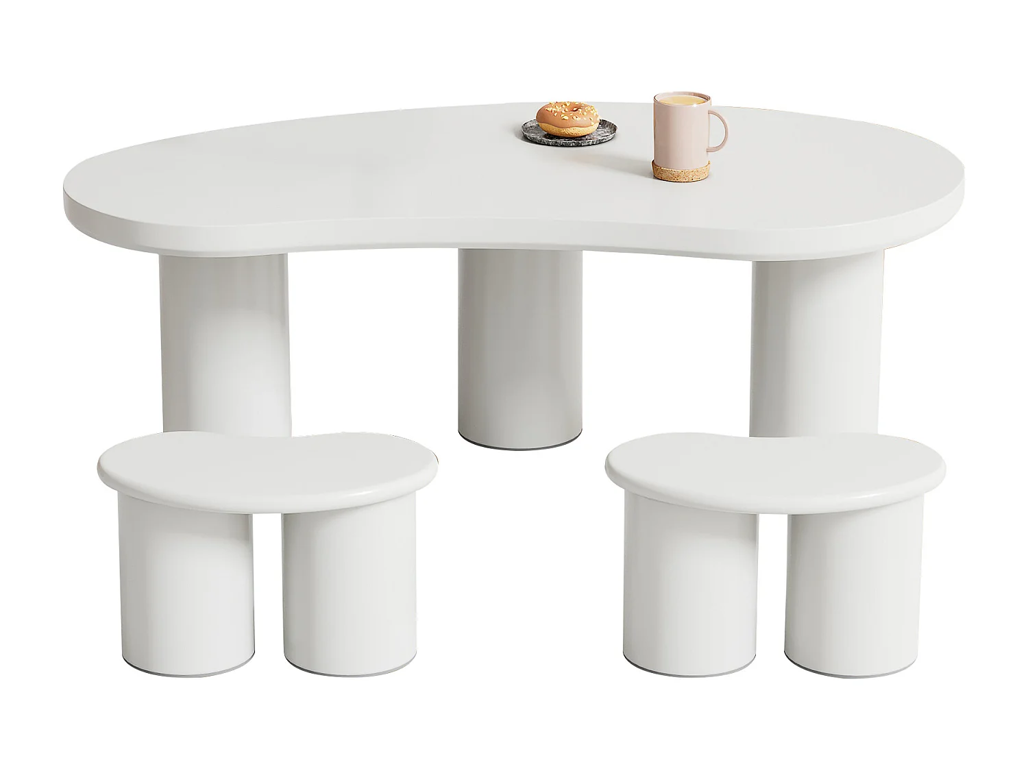 Ensemble Table basse en MDF et PVC - avec 2 petits tabourets - Blanc