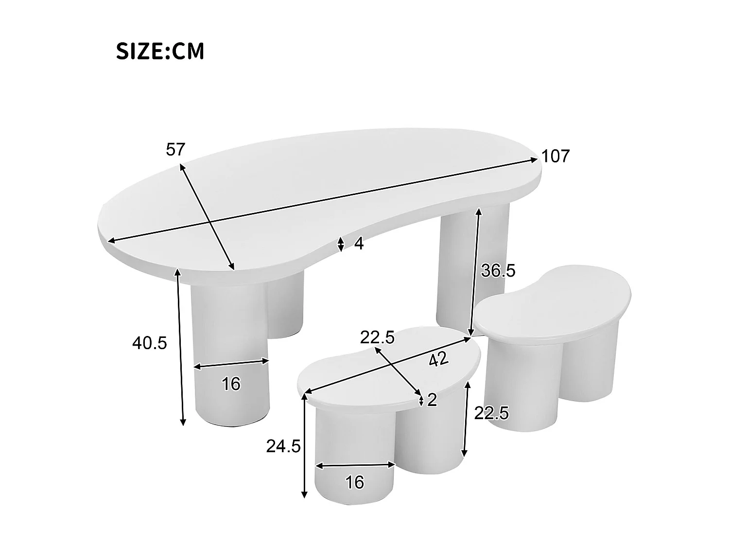 Ensemble Table basse en MDF et PVC - avec 2 petits tabourets - Blanc
