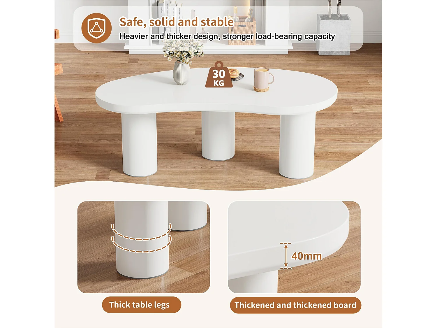 Table basse en MDF et PVC - plateau incurvé irrégulier et élégant - Blanc