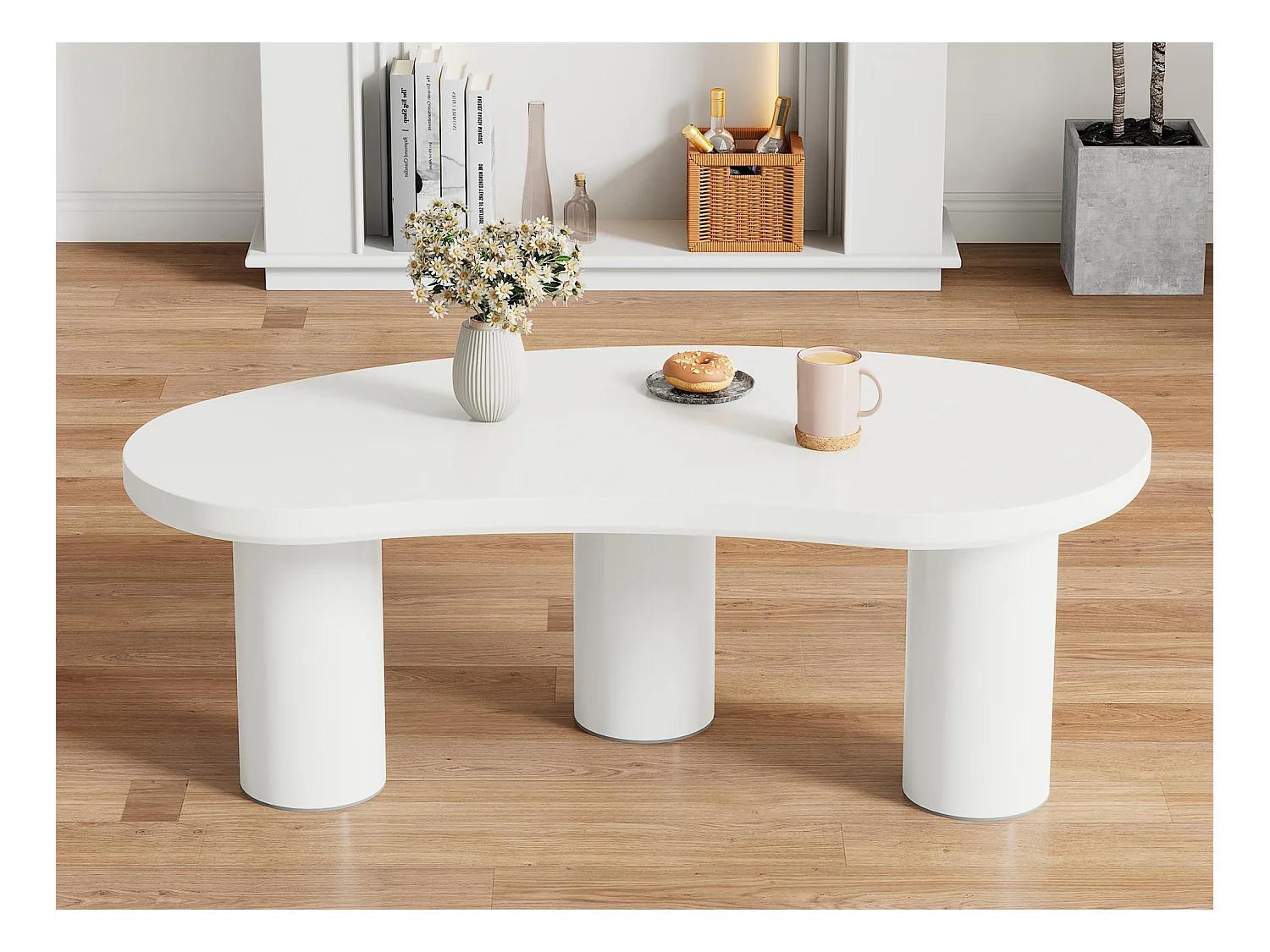 Table basse en MDF et PVC - plateau incurvé irrégulier et élégant - Blanc