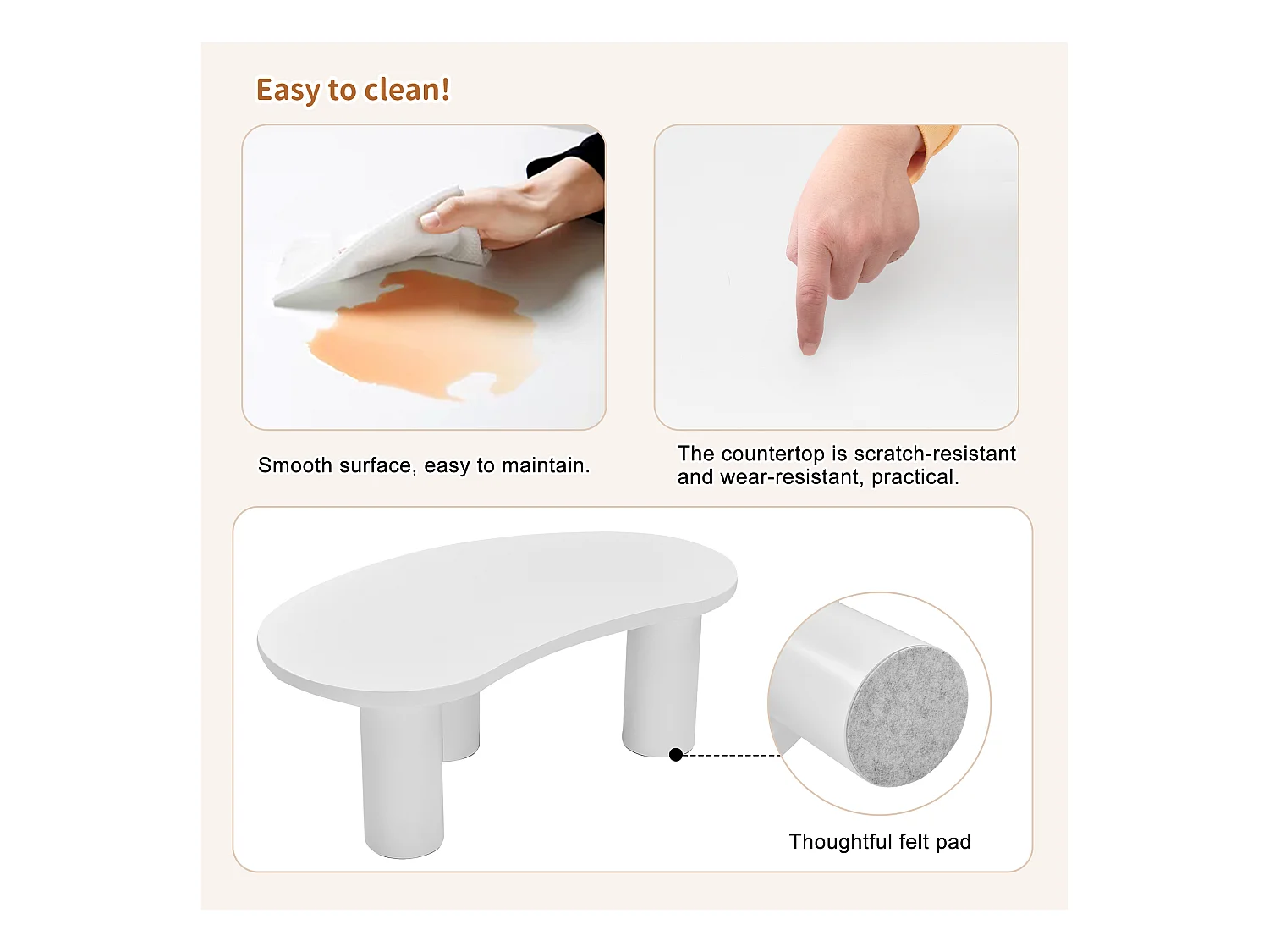 Table basse en MDF et PVC - plateau incurvé irrégulier et élégant - Blanc