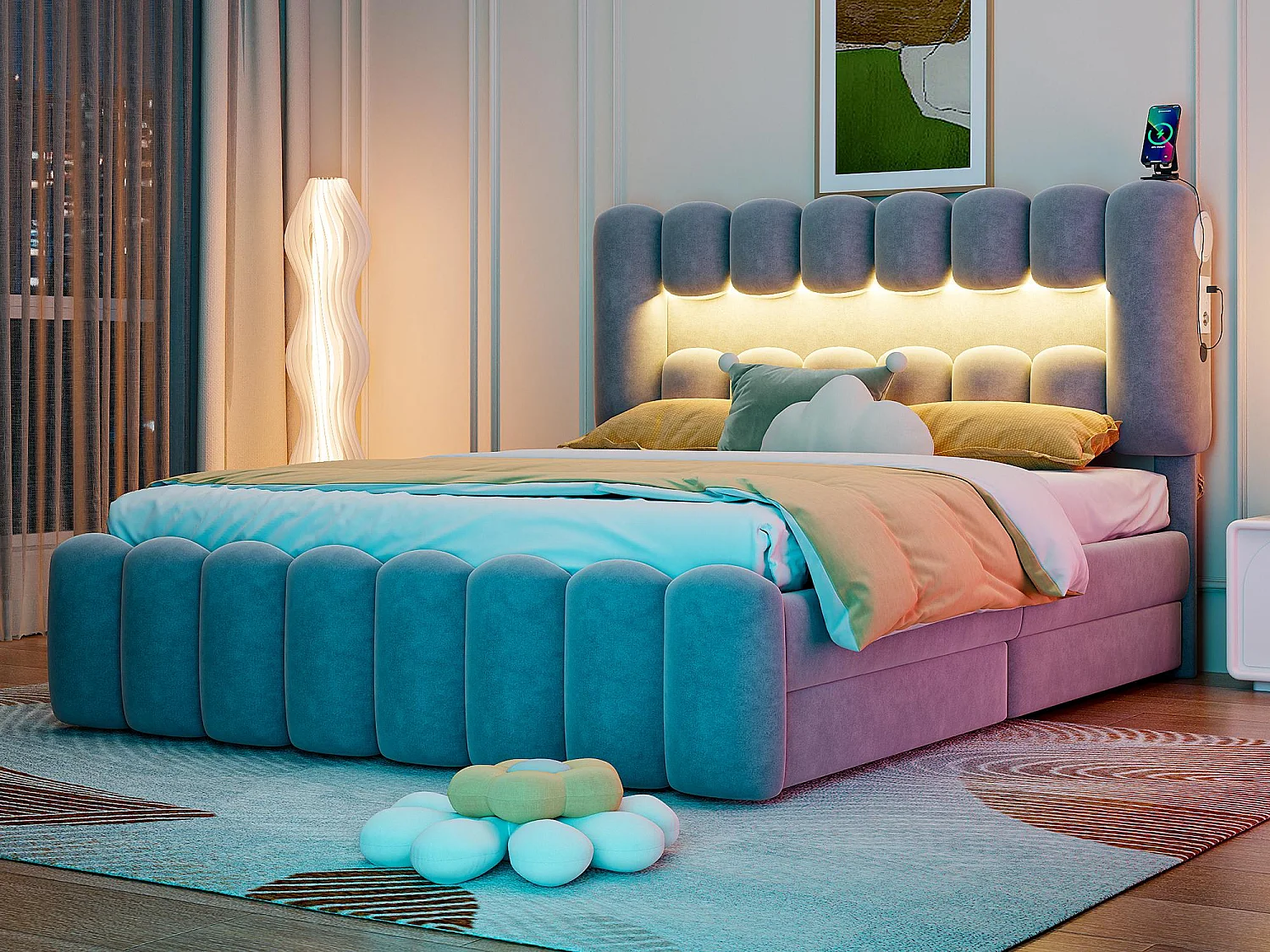 Cama estofada em veludo - 160x200cm - 4 gavetas + LED + Portas de carga + Leitor - Cinza