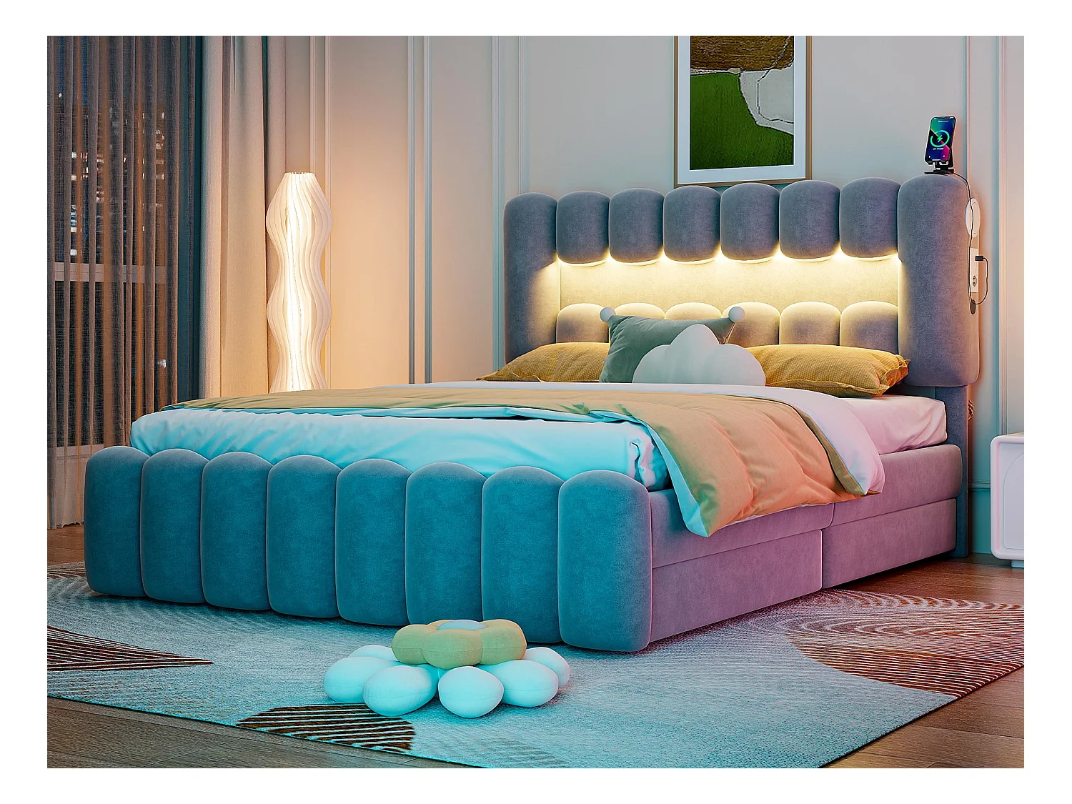 Lit rembourré en velours - 160x200cm - 4 tiroirs + LED + Ports de recharge + Lecteur - Gris