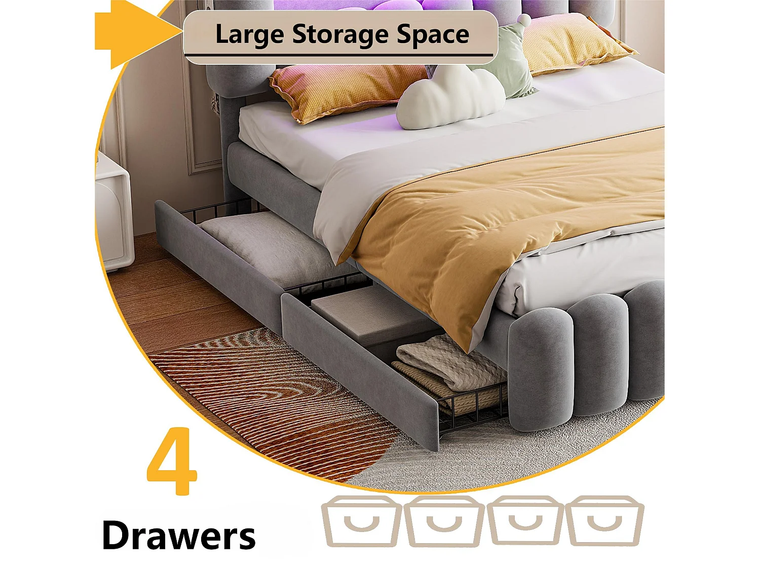 Lit rembourré en velours - 160x200cm - 4 tiroirs + LED + Ports de recharge + Lecteur - Gris