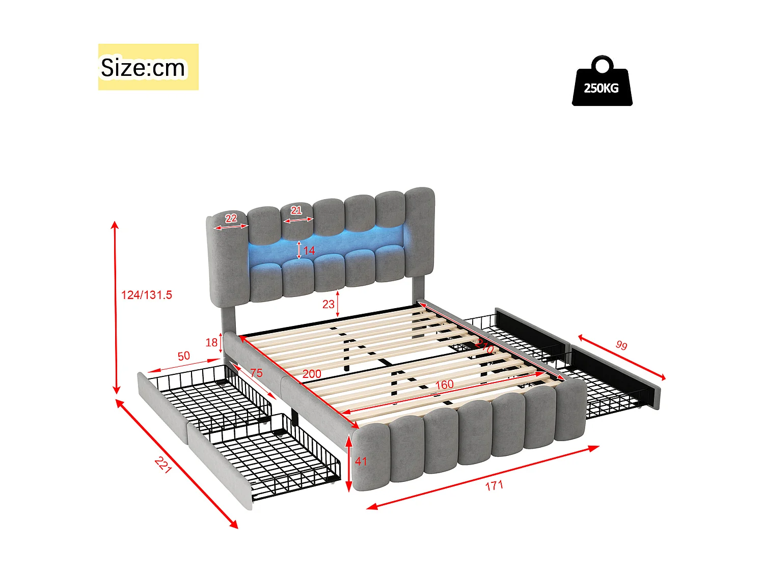 Lit rembourré en velours - 160x200cm - 4 tiroirs + LED + Ports de recharge + Lecteur - Gris
