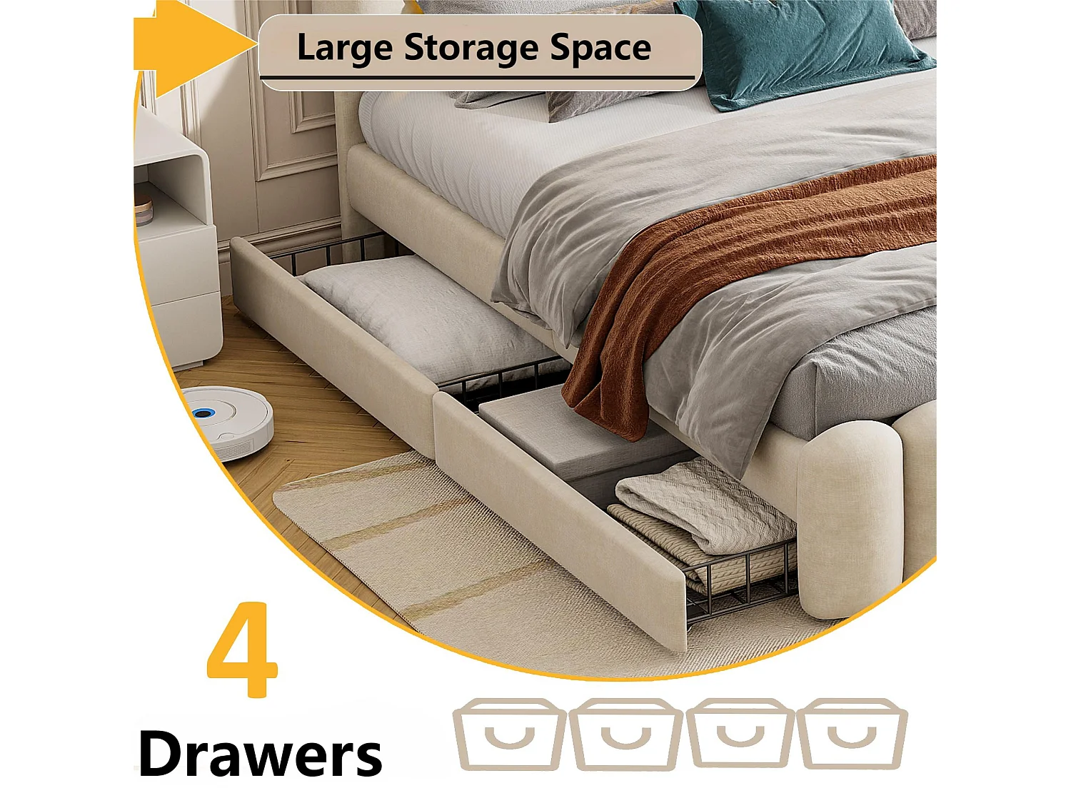 Cama estofada em veludo - 160x200cm - 4 gavetas + LED + Portas de carga + Leitor - Bege