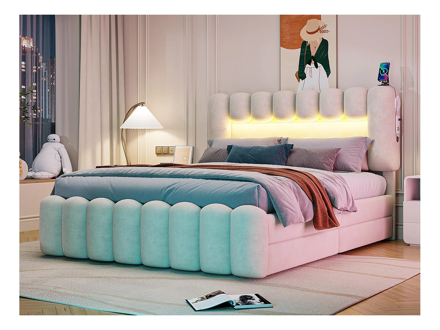 Lit rembourré en velours - 160x200cm - 4 tiroirs + LED + Ports de recharge + Lecteur - Beige