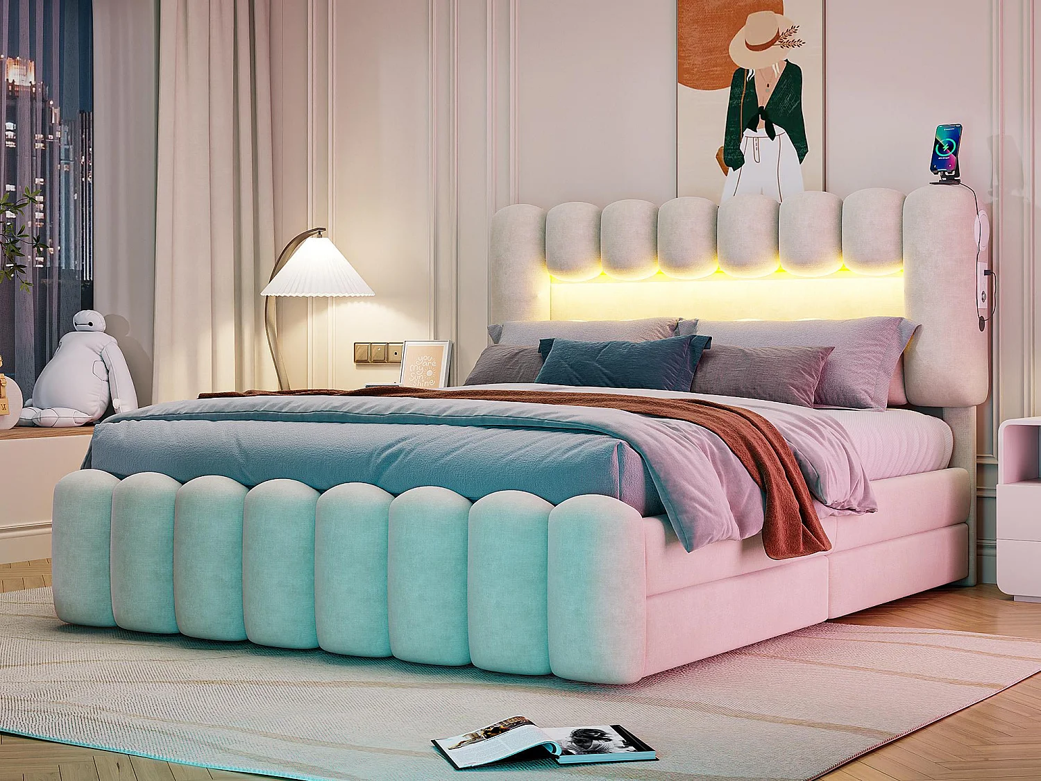 Lit rembourré en velours - 160x200cm - 4 tiroirs + LED + Ports de recharge + Lecteur - Beige