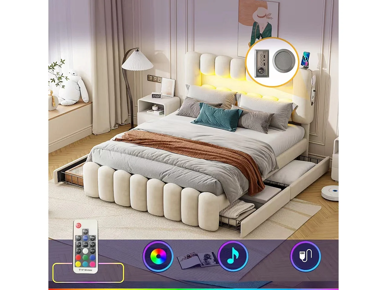 Lit rembourré en velours - 160x200cm - 4 tiroirs + LED + Ports de recharge + Lecteur - Beige