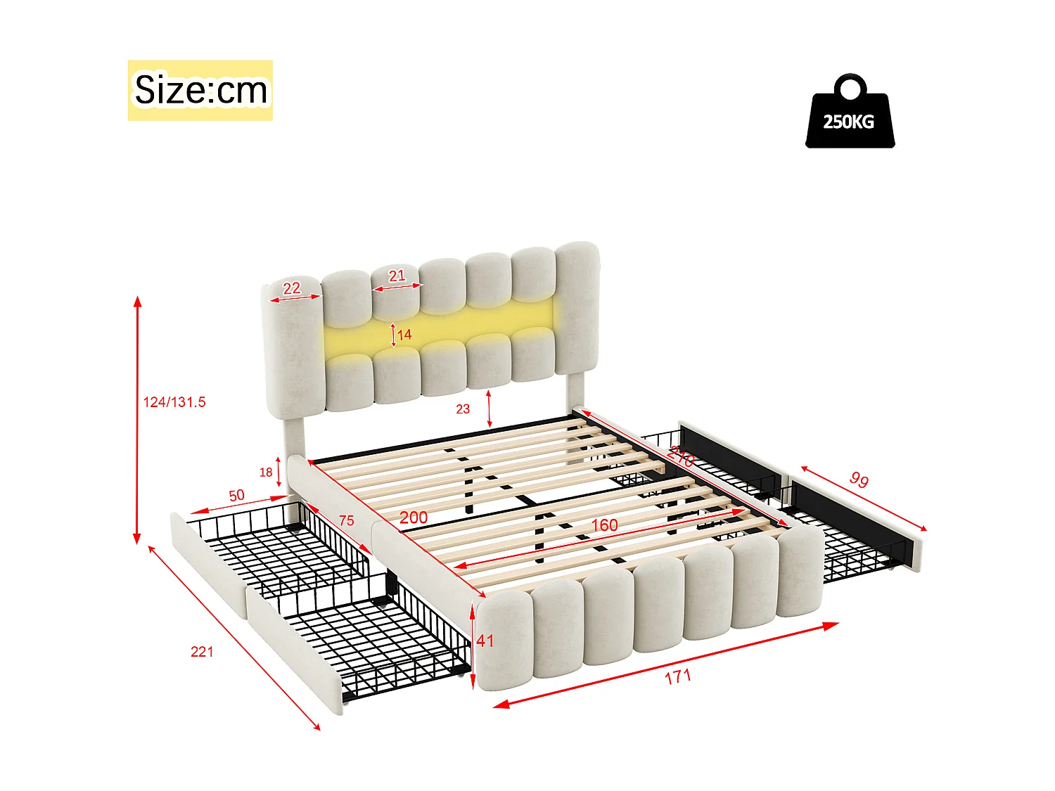 Lit rembourré en velours - 160x200cm - 4 tiroirs + LED + Ports de recharge + Lecteur - Beige