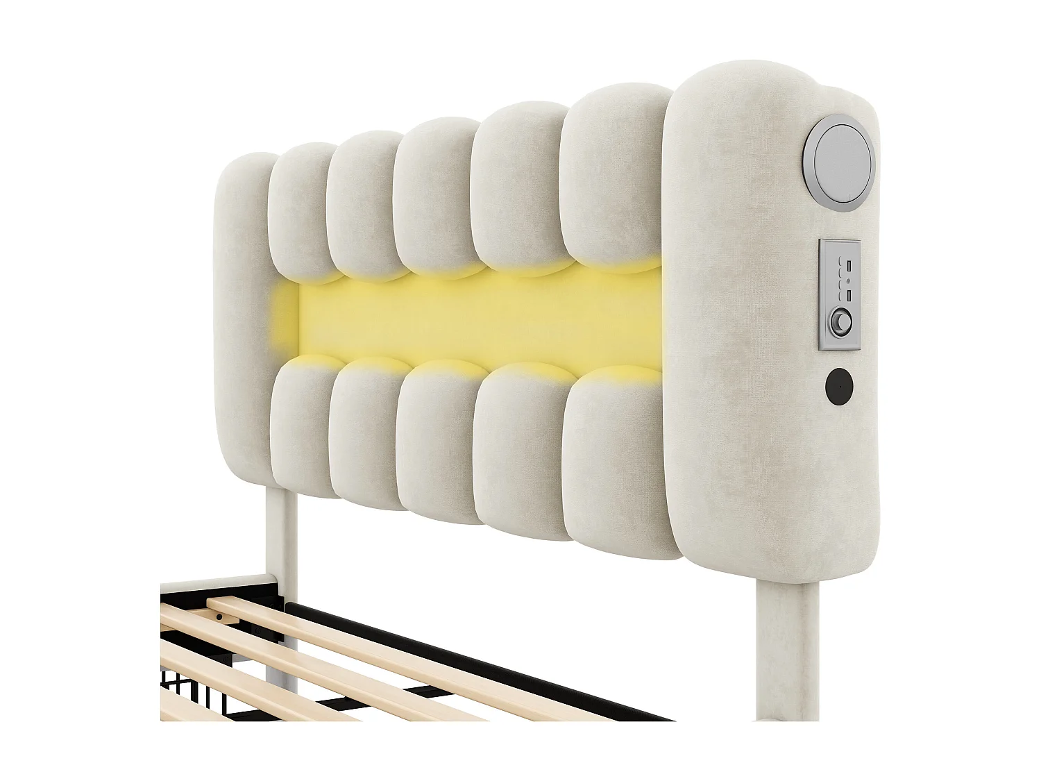 Lit rembourré en velours - 160x200cm - 4 tiroirs + LED + Ports de recharge + Lecteur - Beige