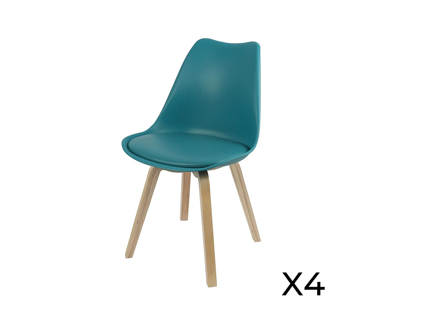 Set van 4 design stoelen in teal blauw met kussen uit de MIA collectie
