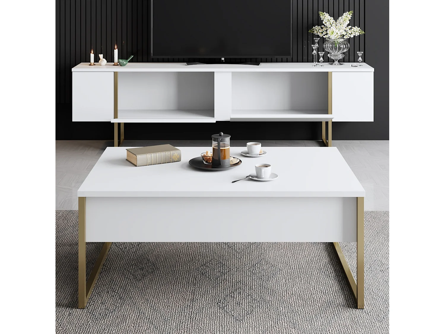 Meuble TV blanc et doré 2 portes 180cm LUXOR