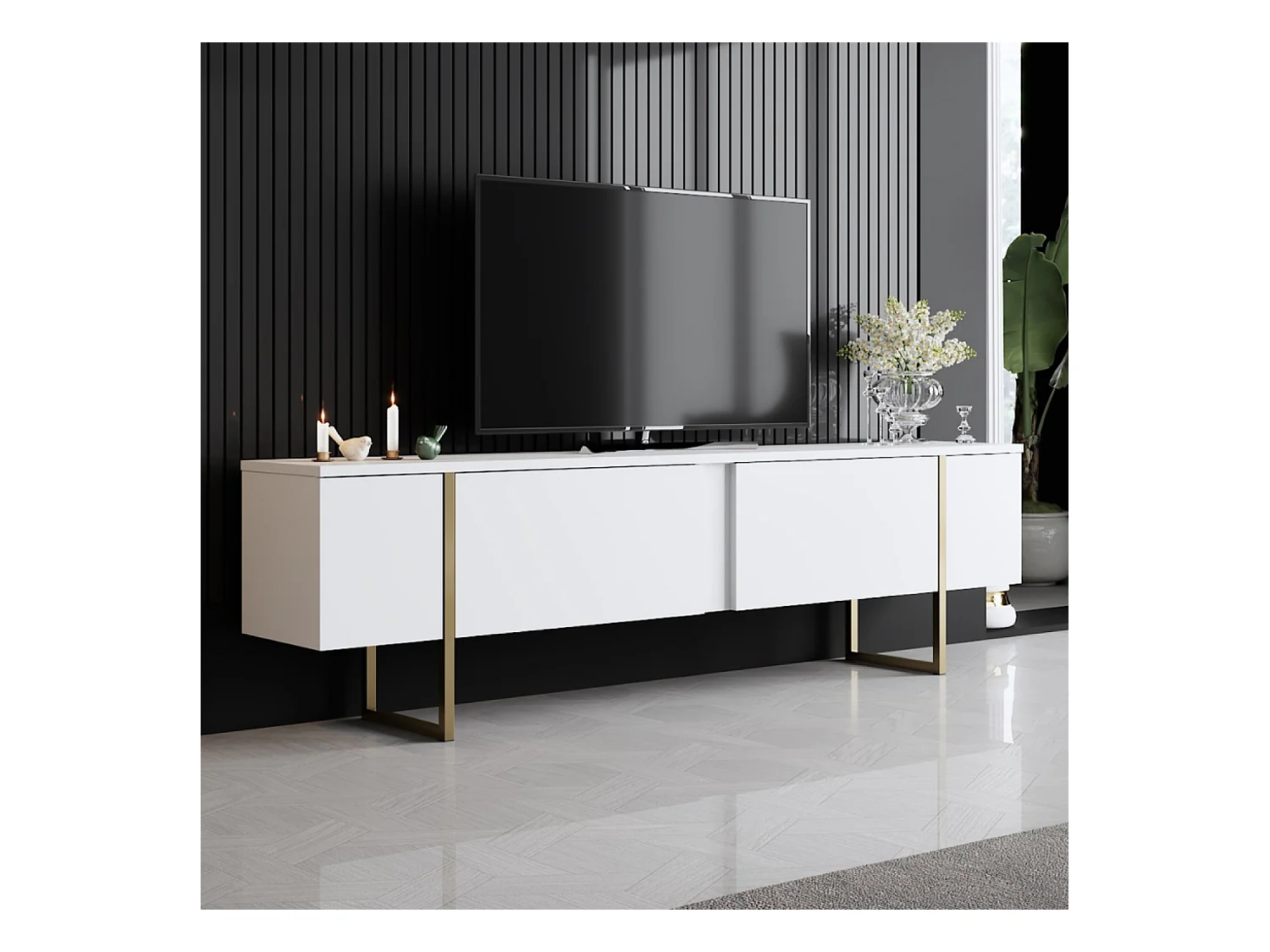 Meuble TV blanc et doré 2 portes 180cm LUXOR
