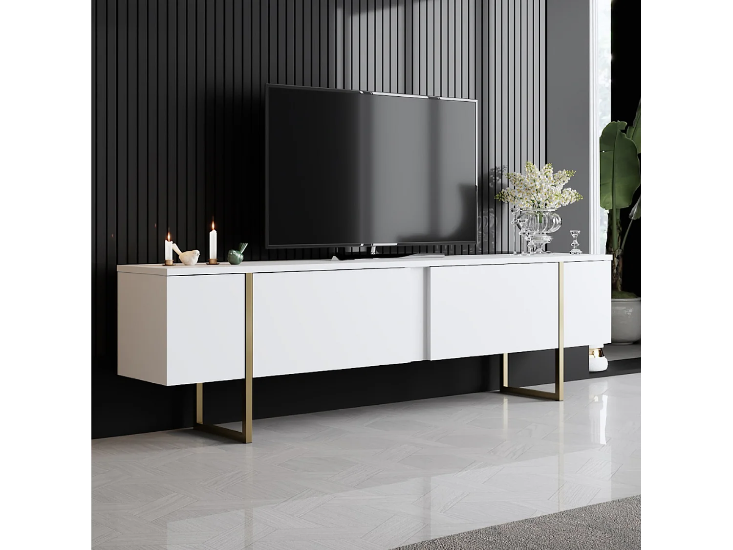 Mobile TV bianco e dorato 2 porte 180cm LUXOR